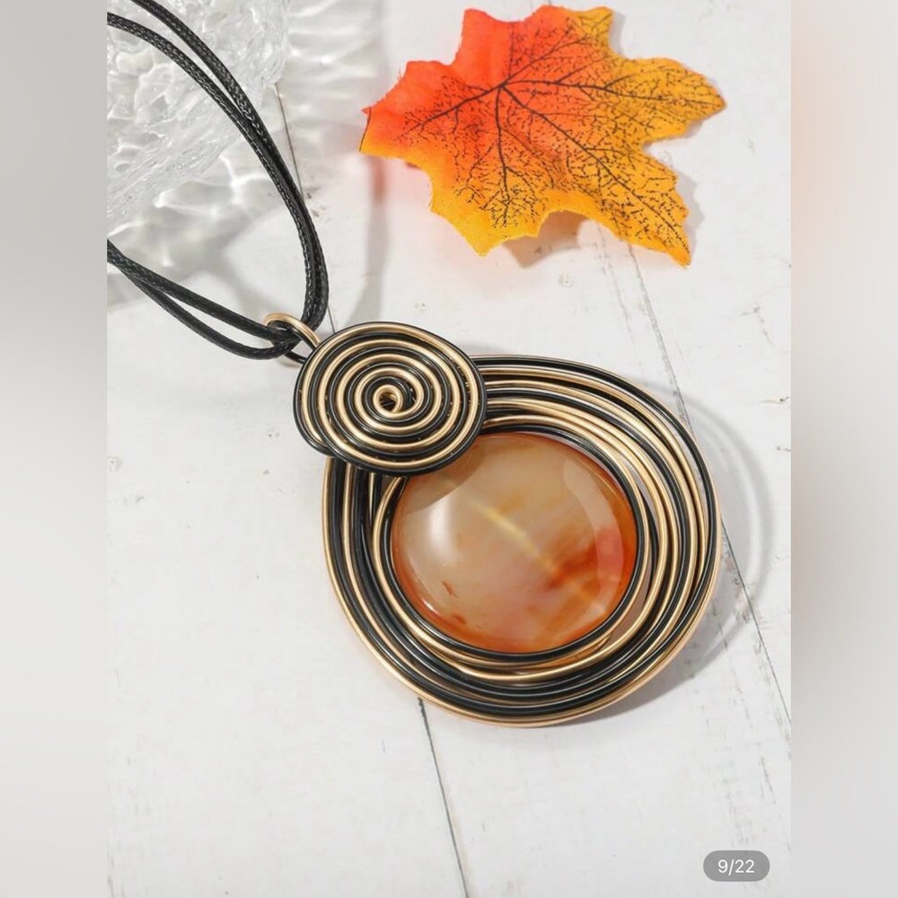 Gold Black Swirl Pendant Necklace Long Statement Handmade Agate Style 32” NWT